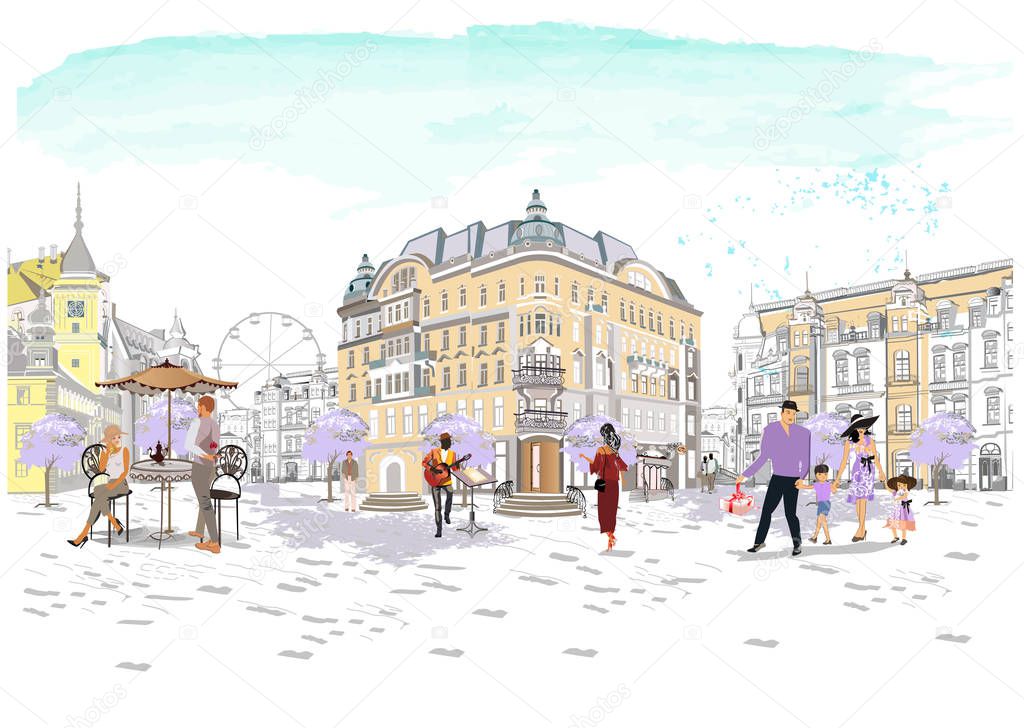 Series of the street cafes with fashion people, men and women, in the old city, vector illustration.