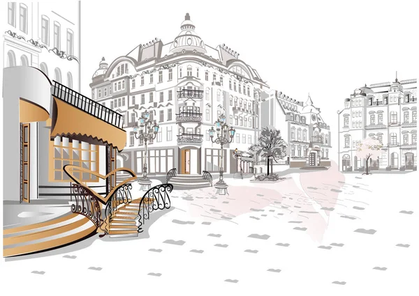 一系列的背景装饰着鲜花 古老的城镇景色和街边咖啡馆 带有历史建筑的手绘矢量建筑背景 — 图库矢量图片