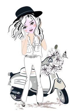Evcil hayvanı ve çiçekleri olan sevimli bir moda kızı çizimi. El çizimi vektör illüstrasyonu.