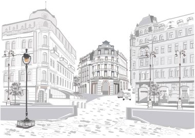 Series of backgrounds decorated with flowers, old town views and street cafes. Hand drawn vector architectural background. vector Series of backgrounds decorated with flowers, old town views and street cafes. Hand drawn vector architectural background. vector