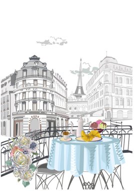 Series of backgrounds decorated with flowers, old town views and street cafes. Hand drawn vector architectural background. vector Series of backgrounds decorated with flowers, old town views and street cafes. Hand drawn vector architectural background. vector