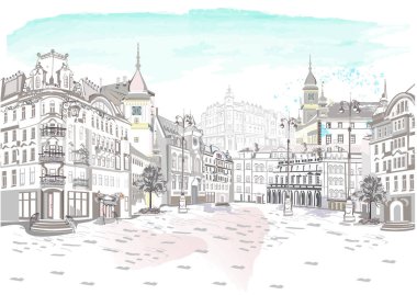 Çiçeklerle dekore edilmiş arka planlar, eski kasaba manzaraları ve sokak kafeleri. El çizimi vektör mimari arkaplan. 