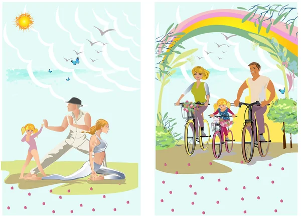 Felices Familias Aire Libre Entre Naturaleza Verde Flores Montar Bicicleta — Archivo Imágenes Vectoriales