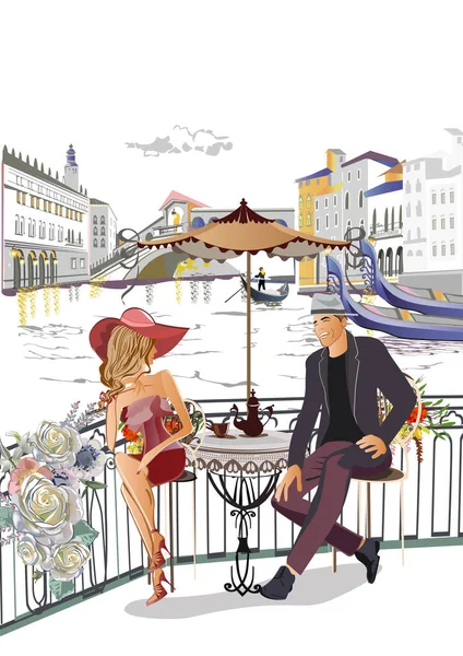 Romantic Couple Cafe Italy Colorful Travel Background Decorated Golden Patterns — Stock Vector