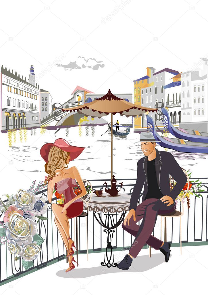 Romantic couple in the cafe in Italy. Colorful travel background decorated with golden patterns. Hand drawn vector background.