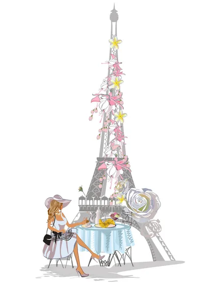 Design Mit Eiffelturm Und Mädchen Blumen Romantischen Paris Handgezeichnete Vektorillustration — Stockvektor