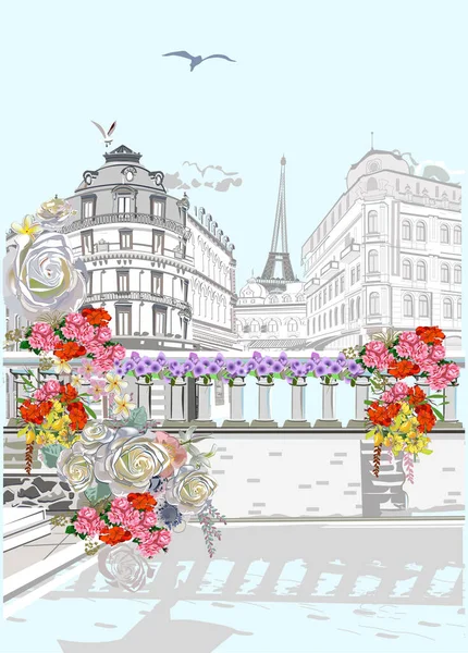 Series Colorful Street Views Old City Flowers Hand Drawn Vector — Stock Vector