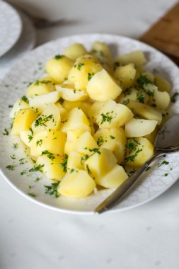 Dereotu ve maydanoz beyaz tabakta ile haşlanmış patates