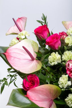 güzel buket taze kırmızı güller ve Antoryum