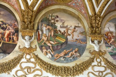 Palazzo Te Mantua tavan fresk. Saray Federico II Gonzaga, Marquess Mantua için 1524-1534 mannerist mimari tarzında inşa edilmiştir. İtalya