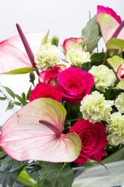 güzel buket taze kırmızı güller ve Antoryum