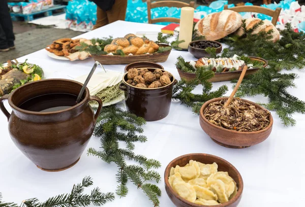 Christmas food on the table decorating with Christmas tree — Stock Photo, Image