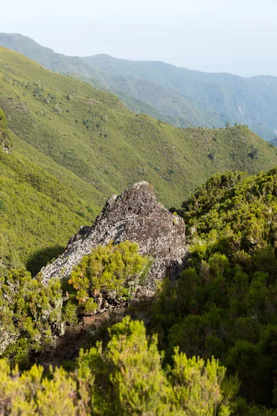 Pintoresco panorama aéreo de montañas y colinas de la selva tropical en la isla de Madeira, Portugal . — Foto de Stock