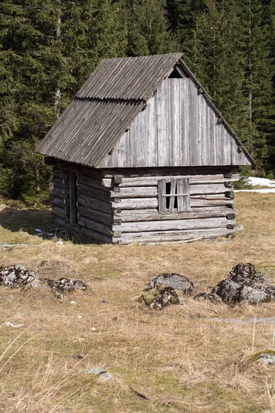 Houten hutten in de vallei van de Chocholowska in de lente, Tatra bergen, Polen — Stockfoto