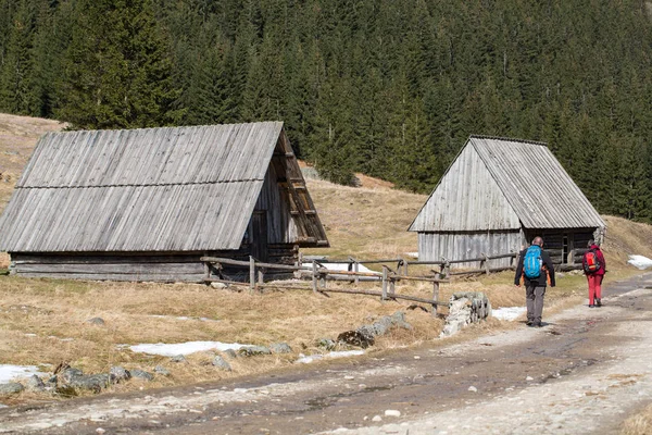 春、タトラ山脈、ポーランドの Chocholowska 渓谷の木造の小屋 — ストック写真