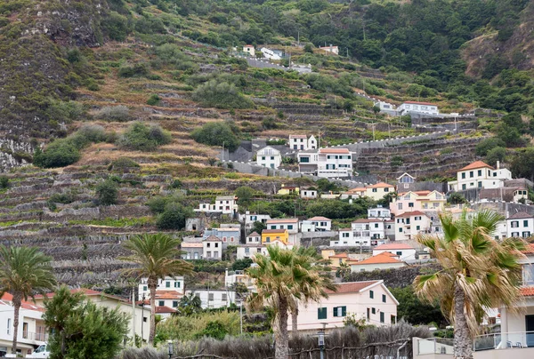 Campos e casas ao longo da costa oeste perto de Porto Moniz, na Ilha da Madeira. Portugal — Fotografia de Stock
