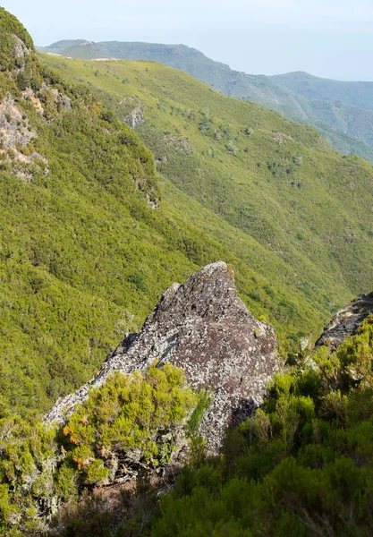 Pintoresco panorama aéreo de montañas y colinas de la selva tropical en la isla de Madeira, Portugal . — Foto de Stock