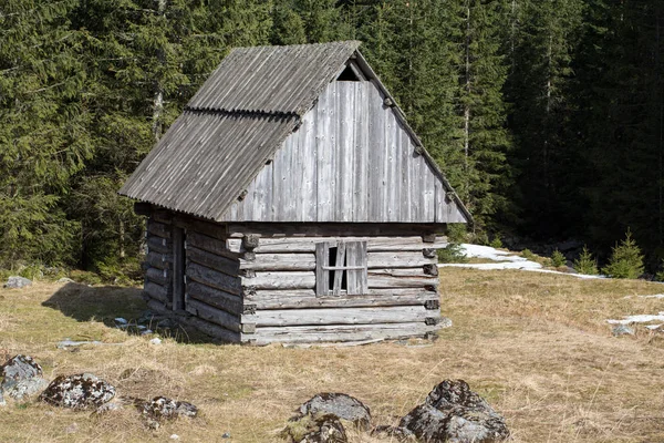 Drewniane chaty w dolinie Chochołowskiej w wiosnę, Tatry, Polska — Zdjęcie stockowe