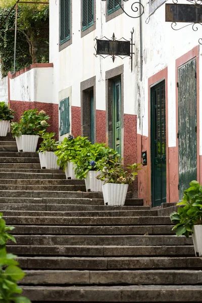 Escaleras empinadas decoradas con flores en Sao Vincente. Madeira — Foto de Stock