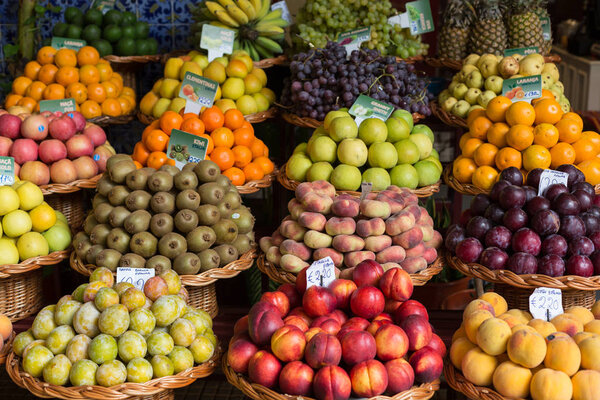 Fresh exotic fruits in Mercado Dos Lavradores. Funchal, Madeira.