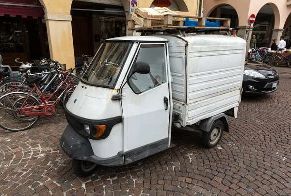 Piaggio Ape50 in Rome. Piaggio Ape is a three-wheeled light commercial vehicle first produced in 1948 by Piaggio. Padua, — Stock Photo, Image