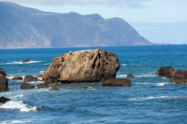 Sao Vicente bölgesindeki Madeira, Portekiz 'in kuzey kıyı şeridi manzarası 