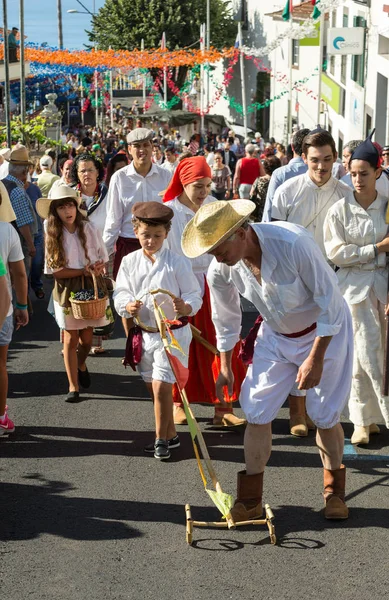 Personas vestidas con trajes tradicionales en el Festival del Vino de Madeira en Estreito de Camara de Lobos, Madeira, Portugal . — Foto de Stock