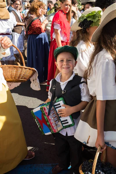 Niño con acordeón en traje tradicional en el Festival del Vino de Madeira en Estreito de Camara de Lobos, Madeira, Portugal . — Foto de Stock