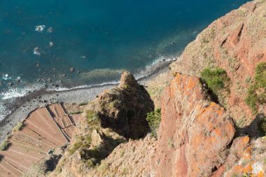 Cabo tam tepeden aşağıya bakış açısından görüldüğü gibi Girao cliff yüzü. Madeira. Portekiz