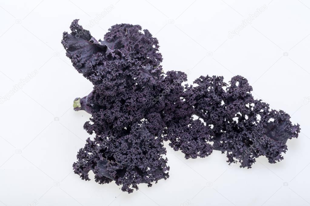 Freshly purple curly kale cabbage isolated on white background.