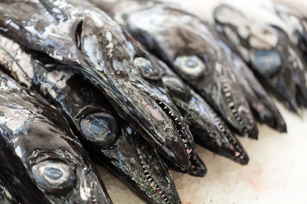 Hal a piacon, fekete kagyló (espada) a halpiacon — Stock Fotó
