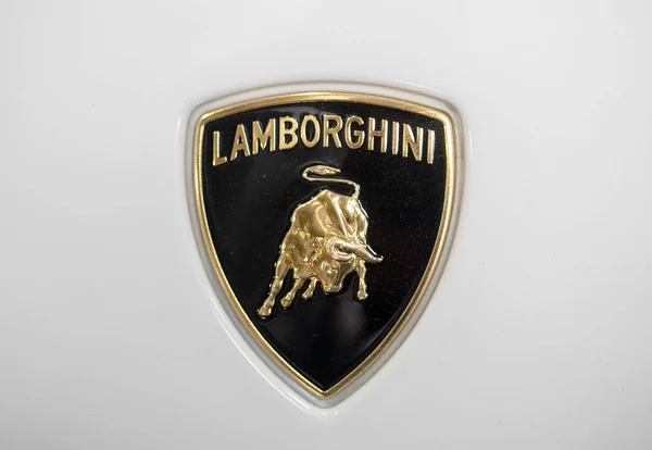 Lamborgini  metallic logo closeup on Lamborghini car displayed at 3rd edition of MOTO SHOW in Cracow Poland. Exhibitors present  most interesting aspects of the automotive industry — Stock Photo, Image