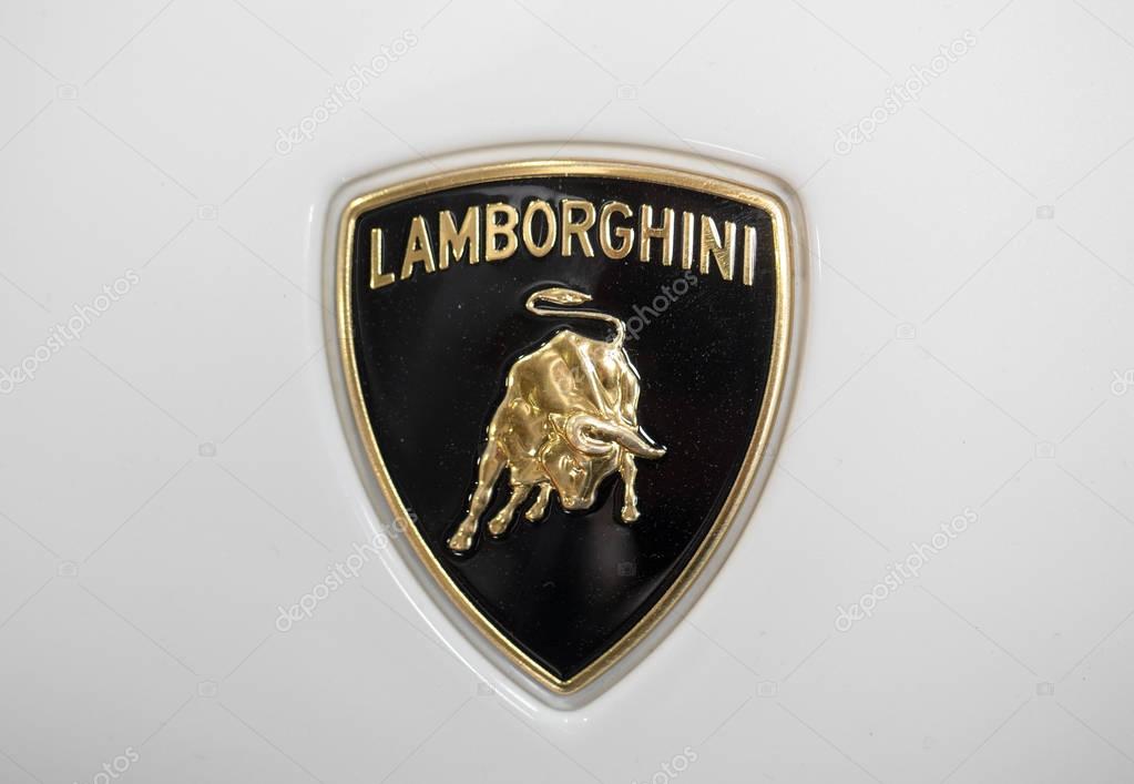 CRACOW, POLAND - MAY 20, 2017: Lamborgini  metallic logo closeup on Lamborghini car displayed at 3rd edition of MOTO SHOW in Cracow Poland. Exhibitors present  most interesting aspects of the automotive industry