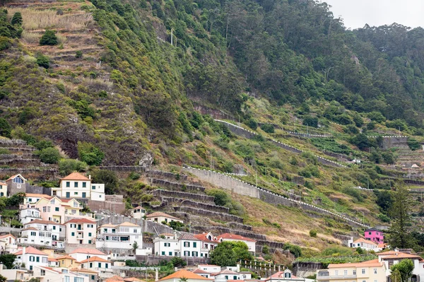 Campos e casas ao longo da costa oeste perto de Porto Moniz, na Ilha da Madeira. Portugal — Fotografia de Stock