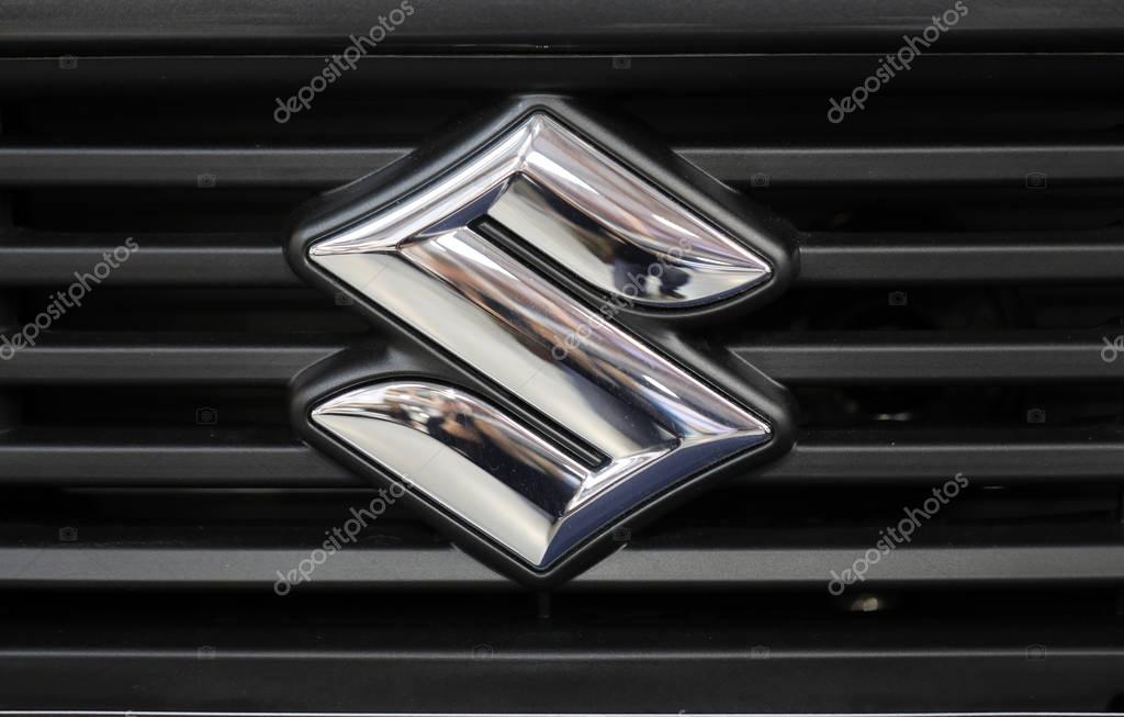CRACOW, POLAND - MAY 20, 2017: Suzuki metallic logo closeup on Suzuki car displayed at  MOTO SHOW in Cracow Poland. Exhibitors present  most interesting aspects of the automotive industry