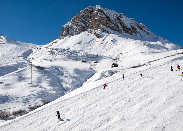 Skiing area in the Dolomites Alps. Overlooking the Sella group  in Val Gardena. Italy