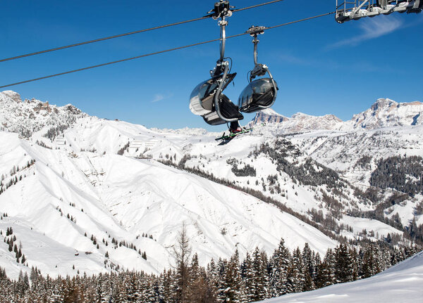 Skiing area in the Dolomites Alps. Overlooking the Sella group  in Val Gardena. Italy
