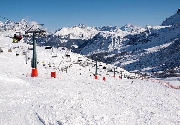 Skiing area in the Dolomites Alps. Overlooking the Sella group  in Val Gardena. Italy