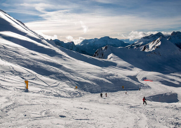 Skiing area in the Dolomites Alps. Overlooking the Sella group  in Val Gardena. Italy