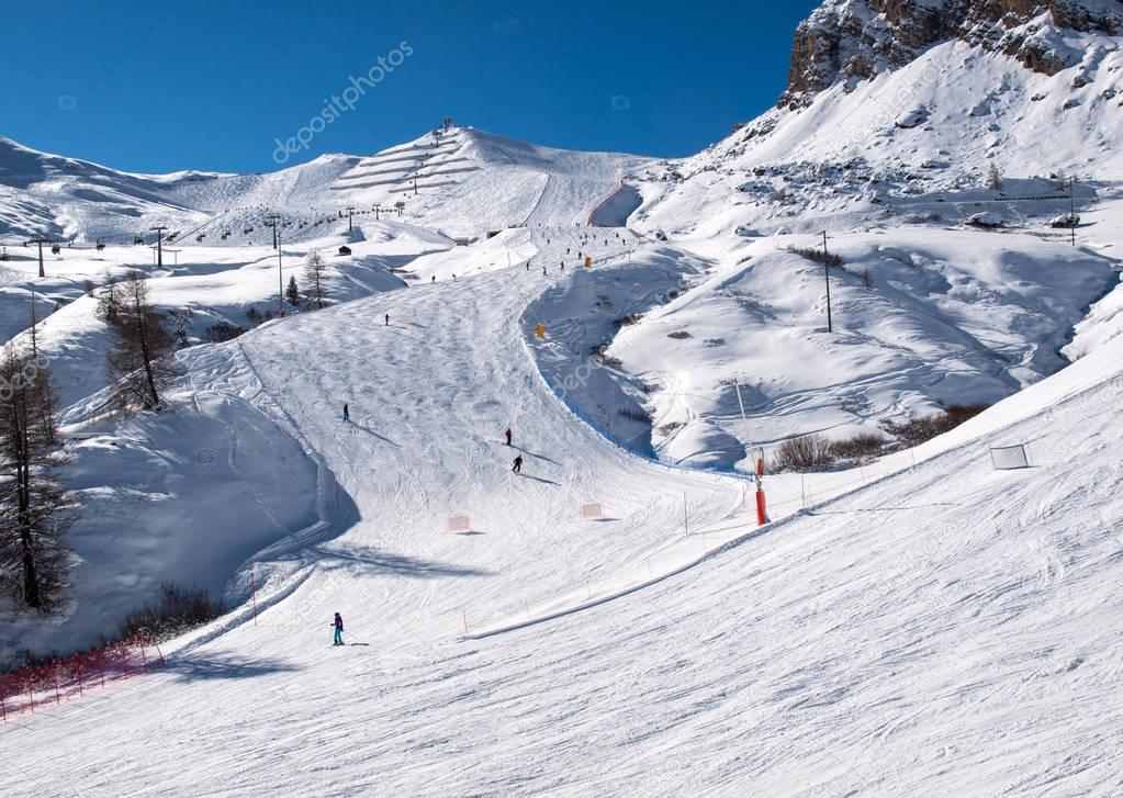 Skiing area in the Dolomites Alps. Overlooking the Sella group  in Val Gardena. Italy