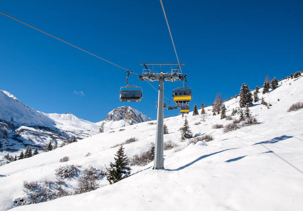 Skiing area in the Dolomites Alps. Overlooking the Sella group  in Val Gardena.