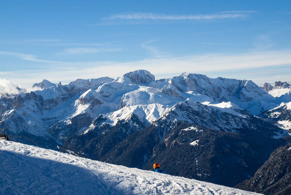 Skiing area in the Dolomites Alps. Overlooking the Sella group  in Val Gardena.