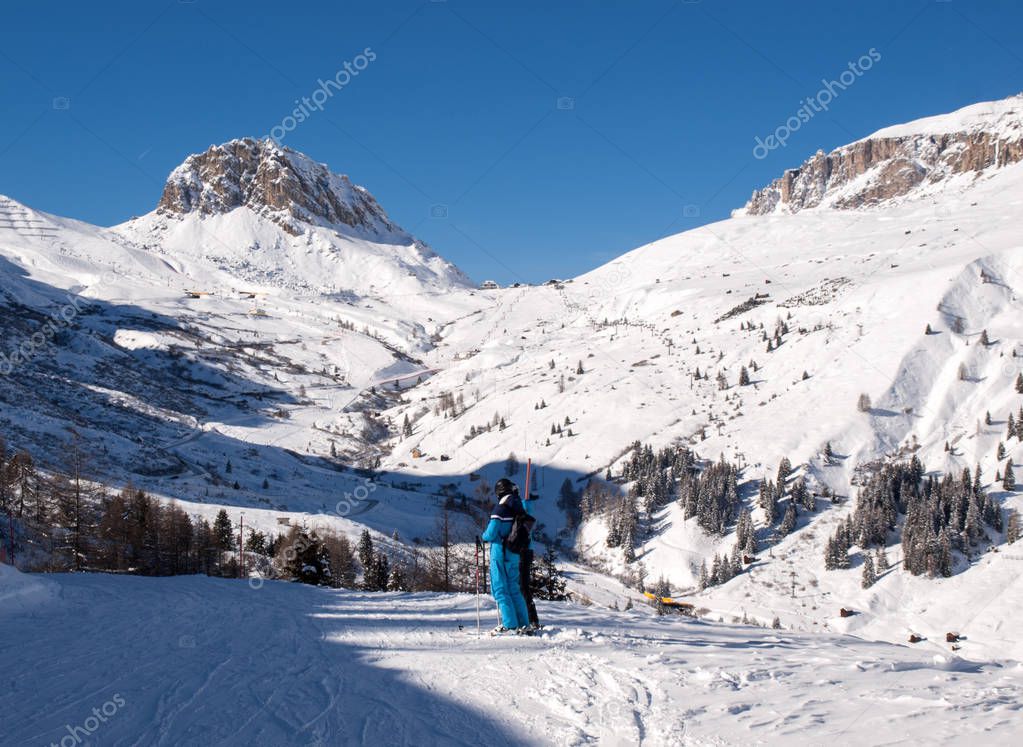 Skiing area in the Dolomites Alps. Overlooking the Sella group  in Val Gardena.