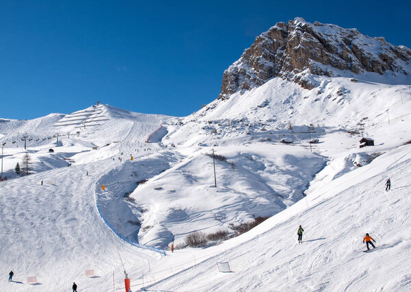 Skiing area in the Dolomites Alps. Overlooking the Sella group  in Val Gardena. Italy