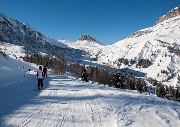 Skigebied in de Dolomieten-Alpen. Met uitzicht op het Sella-groep in Val Gardena. Italië — Stockfoto