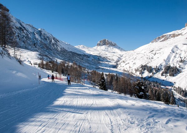 Skiing area in the Dolomites Alps. Overlooking the Sella group  in Val Gardena. Italy