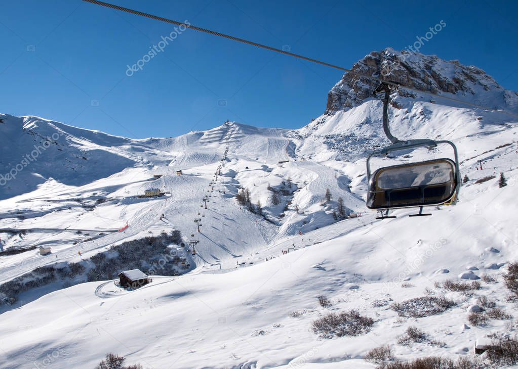 Skiing area in the Dolomites Alps. Overlooking the Sella group  in Val Gardena. Italy