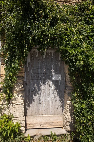 Puerta de madera vieja en casa de ladrillo de piedra con hiedra —  Fotos de Stock