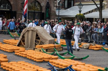 Alkmaar, Hollanda - 21 Nisan 2017: Tipik peynir pazarı şehir Alkmaar Hollanda, sadece dört geleneksel Hollanda peynir piyasalarda hala varlığını ve bir ülkenin en popüler turistik. 