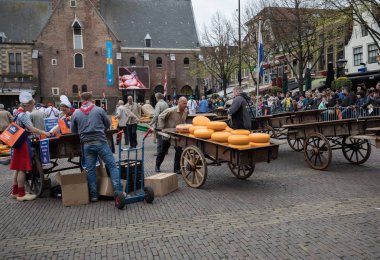 Alkmaar, Hollanda - 21 Nisan 2017: Tipik peynir pazarı şehir Alkmaar Hollanda, sadece dört geleneksel Hollanda peynir piyasalarda hala varlığını ve bir ülkenin en popüler turistik. 